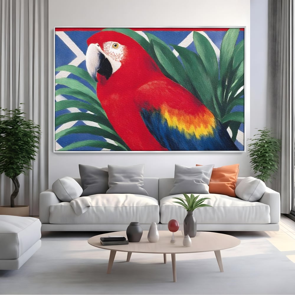 Tablou canvas cu tablou canvas cu papagal rosu, in rama de aluminiu argintiu, pe perete intr-un living